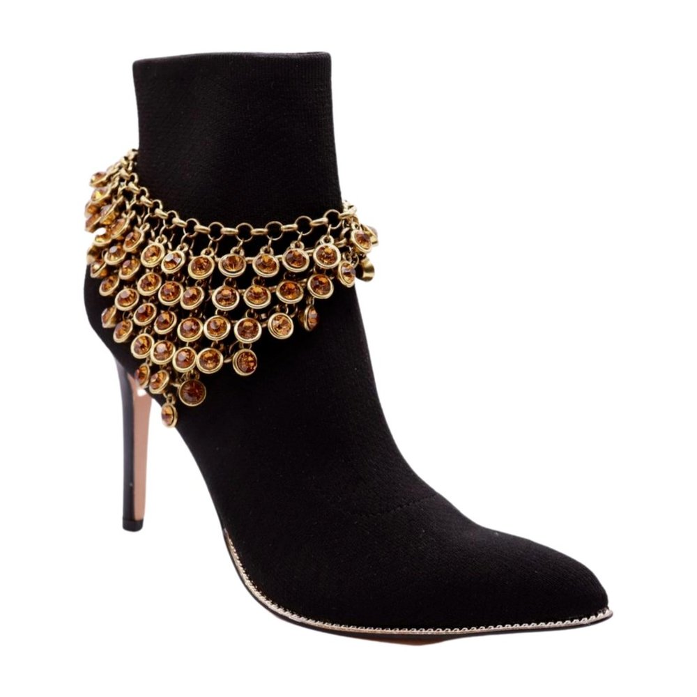 Women gold metal boot chain bracelet orange beads wrap around shoe charm anket